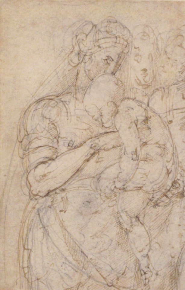 Standing Virgin with Child, Two Heads at Upper Right (recto); Sketch of Steps (verso), Battista Franco Veneziano, 1530