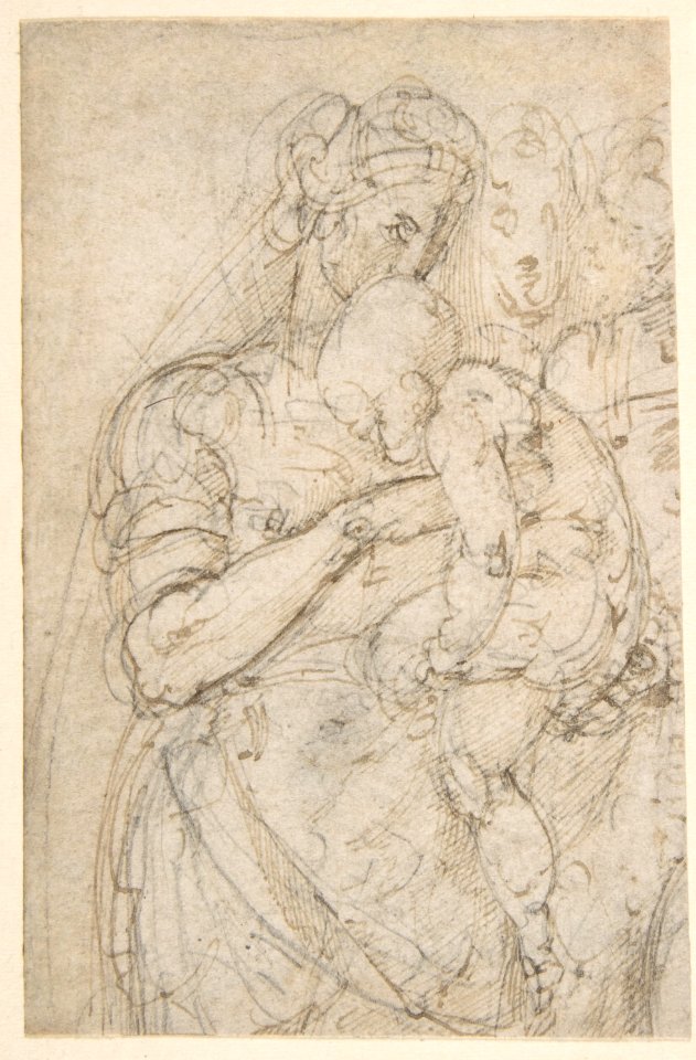 Standing Virgin with Child, Two Heads at Upper Right (recto); Sketch of Steps (verso), Battista Franco Veneziano, 1530