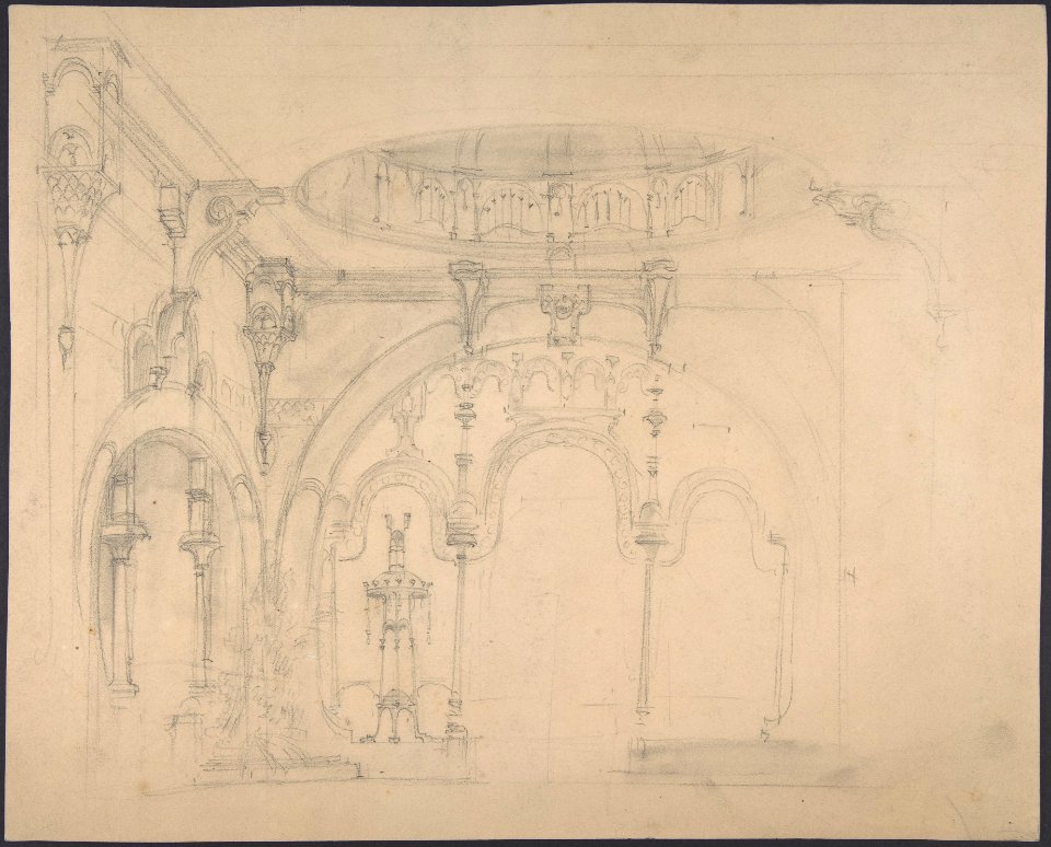 Stage Set Design- A Square Hall with Rounded Archways and Cupola in Oriental Style with Thin Columns. MET DP800067