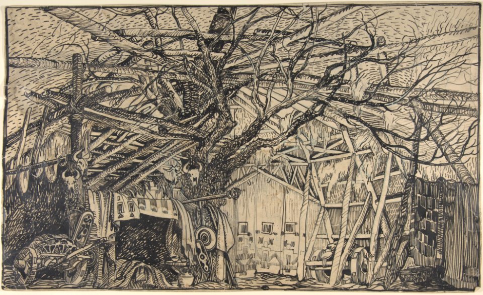 Stage Set Design- Interior of a Camouflaged African Shelter or Military Post with Carts and Bucrania. MET DP800062