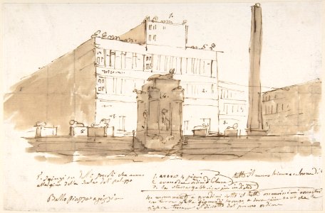 Stage design- piazza with a building, an obelisk, and a monument. Building and monument with numbers referring to inscription below. MET DP803654