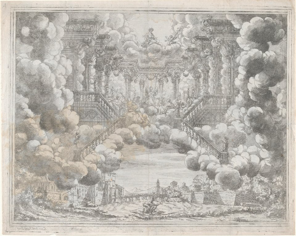 Stage design with allegorical figures on a staircase; from 'L'Eta Dell'Oro' MET DP875169