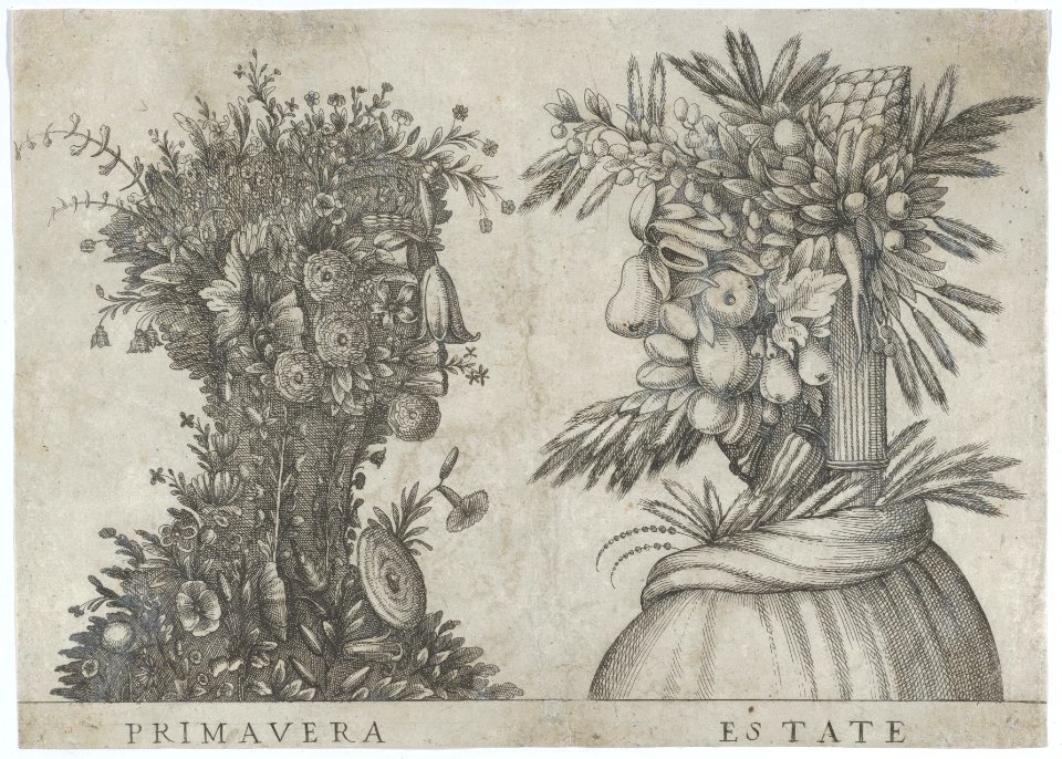 Spring and Summer- two heads made from flora typical of those seasons MET DP844987