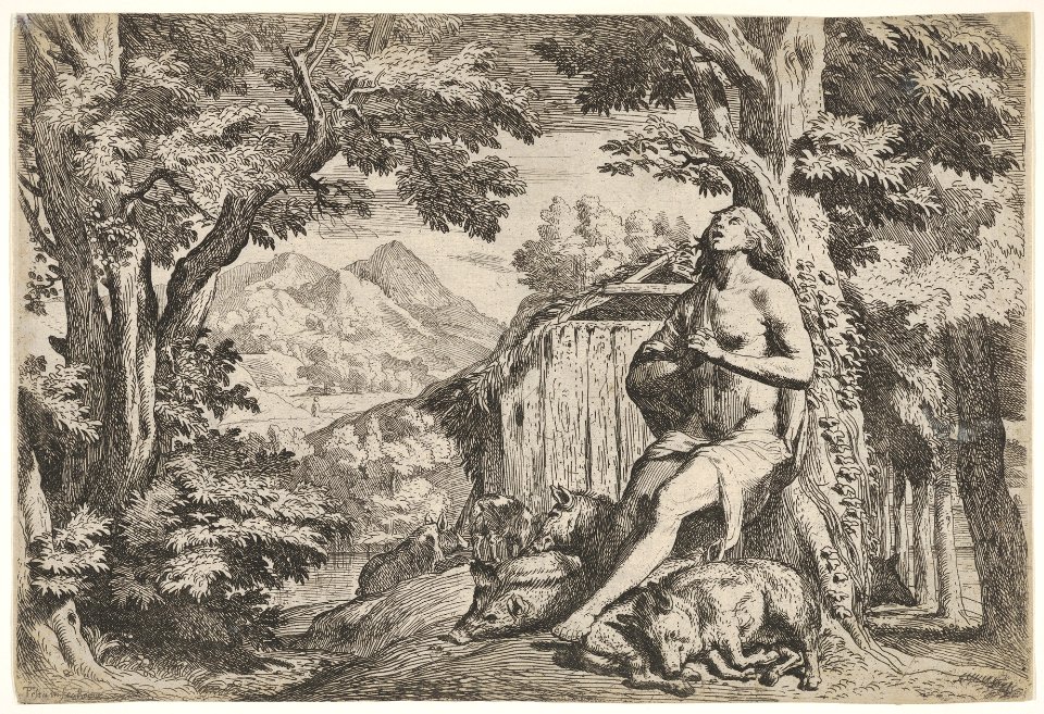 The prodigal son seated at the base of a tree among swine, his gaze directed upward and his hands folded at his chest, surrounded by a wooded landscape and a pigsty MET DP832551