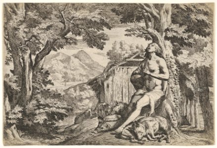 The prodigal son seated at the base of a tree among swine, his gaze directed upward and his hands folded at his chest, surrounded by a wooded landscape and a pigsty MET DP832551