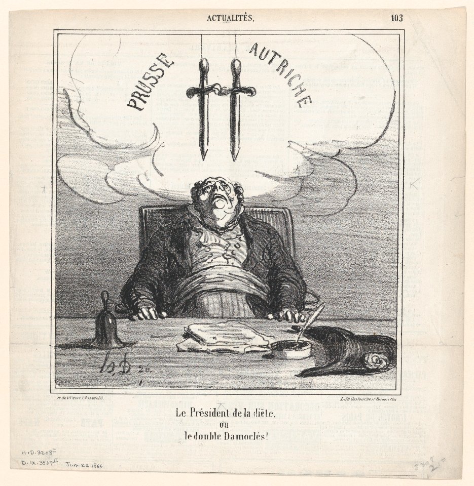 The president of the federal diet or the double sword of Damocles, from 'News of the day,' published in Le Charivari, June 22, 1866 MET DP877524