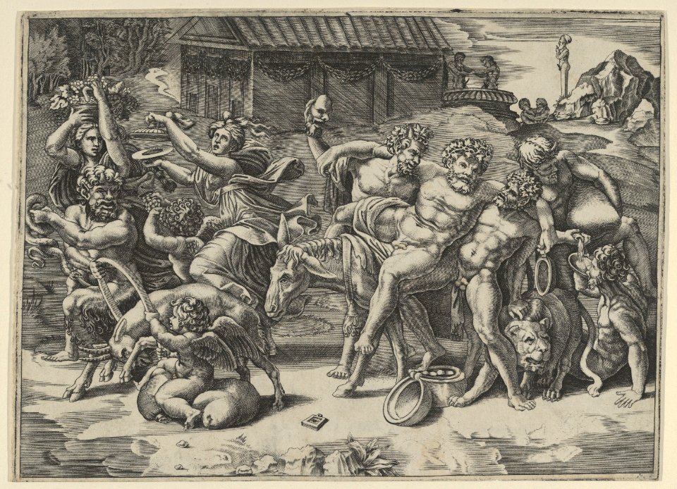 The procession of Silenus who is carried on an ass preceeded by a bacchant playing the cymbals and other figures MET DP854837