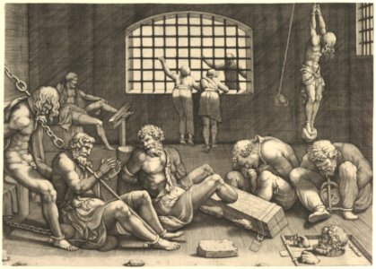 The Prison; a group of men in a dungeon bound in chains and shackles; to the right a figure hanging from his arms, tied to a boulder MET DP821529