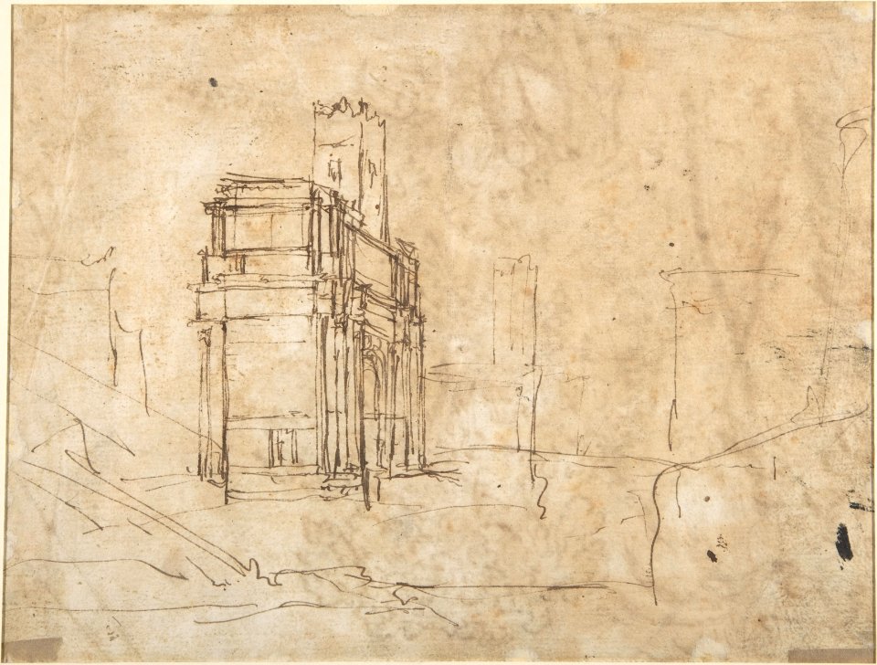 The Rest on the Flight into Egypt (recto); The Arch of Titus, Camp Vaccino (verso) MET DP805692