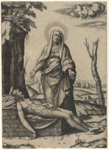 The Pietà- the Virgin standing over the dead Christ, her hands outspread MET DP852715