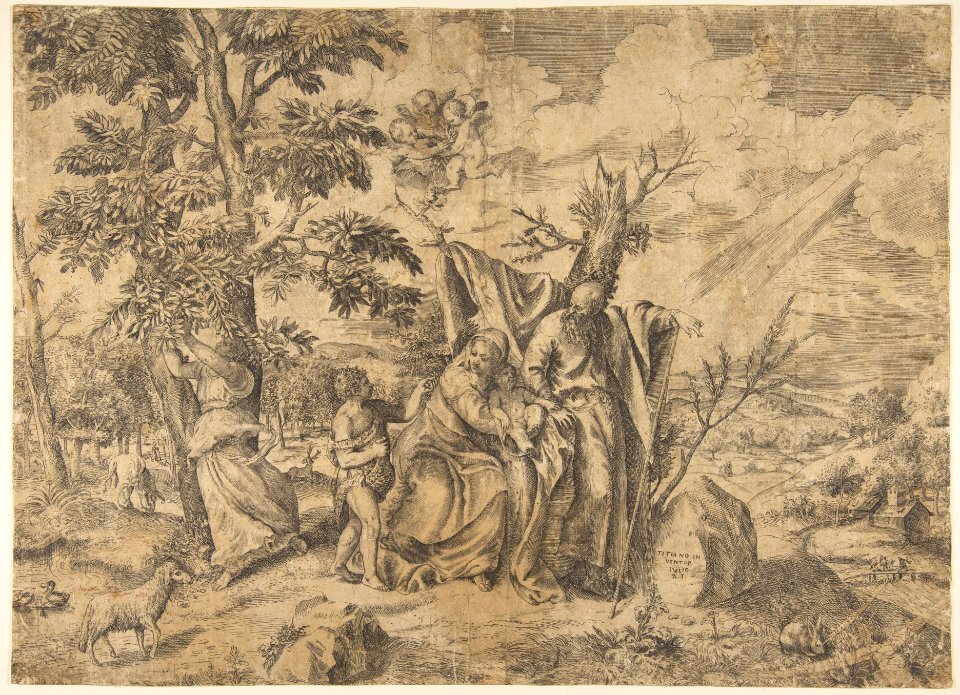 The Rest on the Flight into Egypt, Joseph at right, the Virgin holds the Christ Child in the centre, other figures to the left MET DP812442