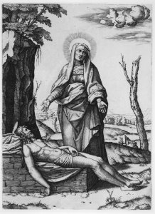 The Pietà- the Virgin standing over the dead Christ, her hands outspread MET MM91784