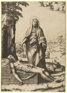 The Pietà- the Virgin standing over the dead Christ, her hands outspread MET DP852717