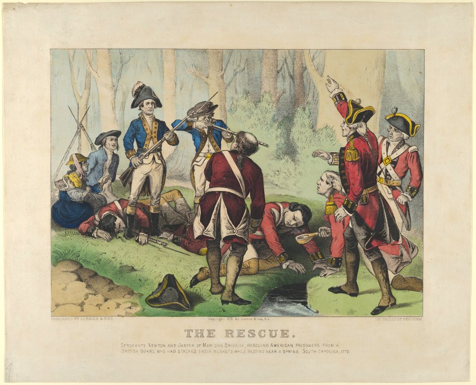 The Rescue–Sergeants Newton and Jasper of Marion's Brigade, rescuing American prisoners from a British guard, who had stacked their muskets while resting near a spring, South Carolina, 1779. MET DP853564