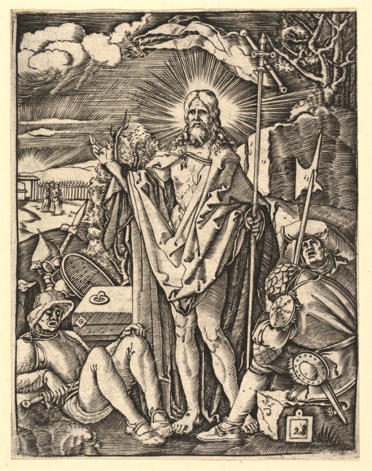 The Resurrection; Christ standing in front of closed tomb, holding a flag and giving a blessing, guards sleeping in the foreground, after Dürer MET DP820333