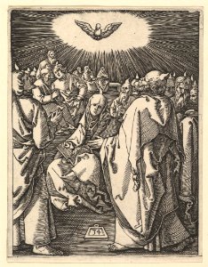 The Pentecost; the Holy Dove appears above, below sits the Virgin surrounded by Apostles, after Dürer MET DP820339