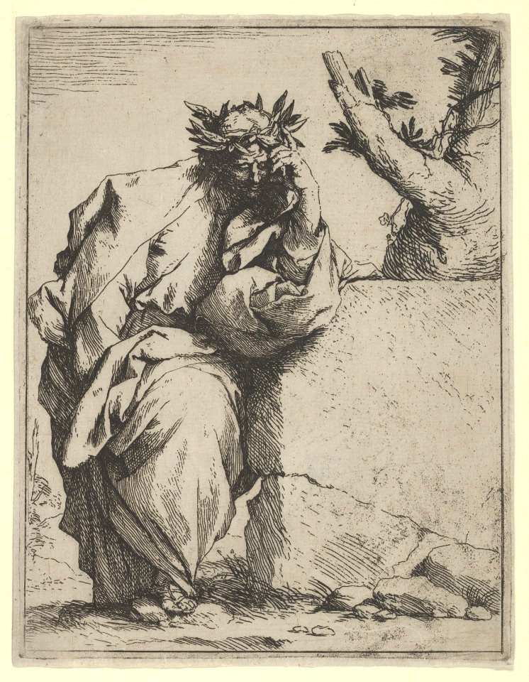 The poet, standing crowned with laurel, leaning on a stone MET DP836417
