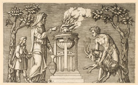 The Sacrifice of a Ram; naked man at right guiding a ram towards an altar pyre, hooded priest at left with a young attendant MET DP818625