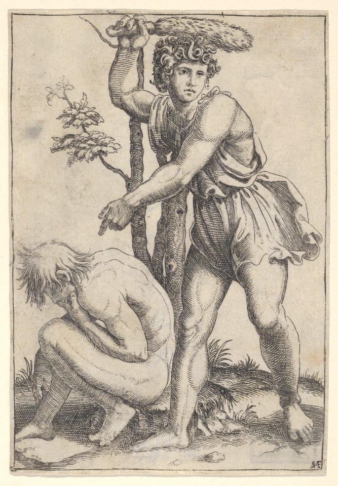 The seated naked man at left being beaten with a fox's tail MET DP854392