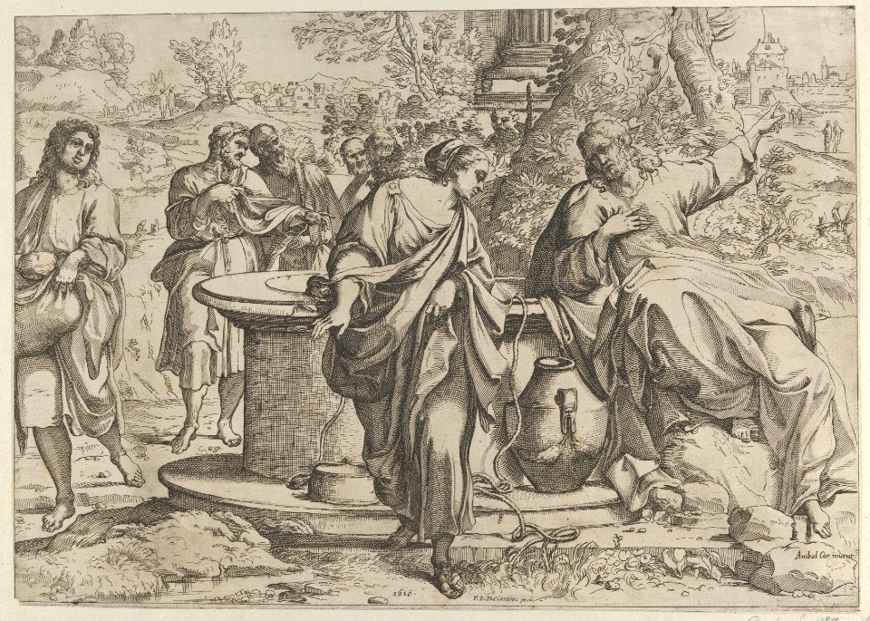The Samaritan woman standing at the well, Christ seated next to her pointing to the right, after Annibale Caracci MET DP841460