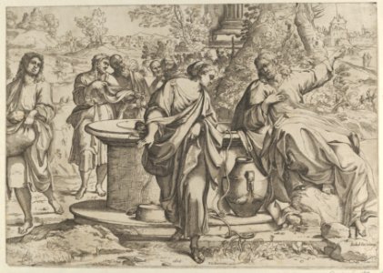 The Samaritan woman standing at the well, Christ seated next to her pointing to the right, after Annibale Caracci MET DP841460