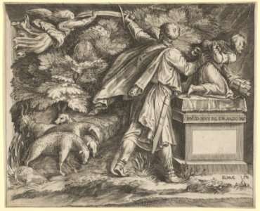 The Sacrifice of Isaac set in a landscape with a flock of sheep at left and an angel guiding Abraham's sword at upper left MET DP836967