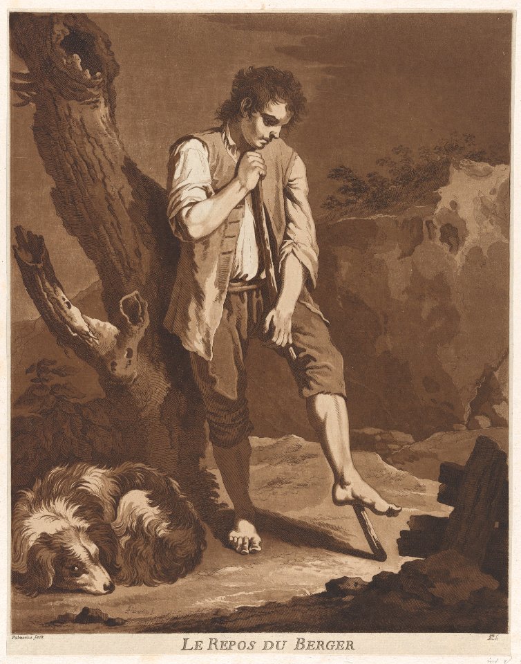 The Shepherds Rest; a young man resting on a stick while his dog lies at his feet MET DP874414