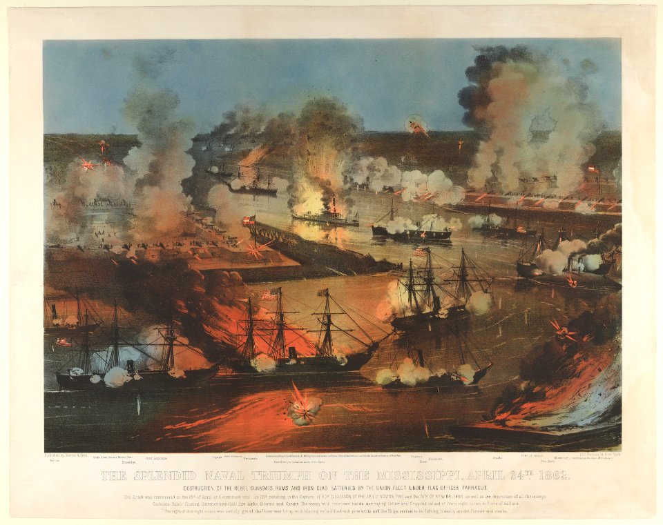The Splendid Naval Triumph on the Mississippi, April 24th, 1862- Destruction of the Rebel Gunboats, Rams, and Iron Clad Batteries by the Union Fleet under Flag Officer Farragut MET DP831355
