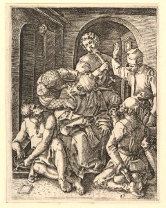 The mocking of Christ who is seated in center, blindfolded, after Dürer MET DP820322