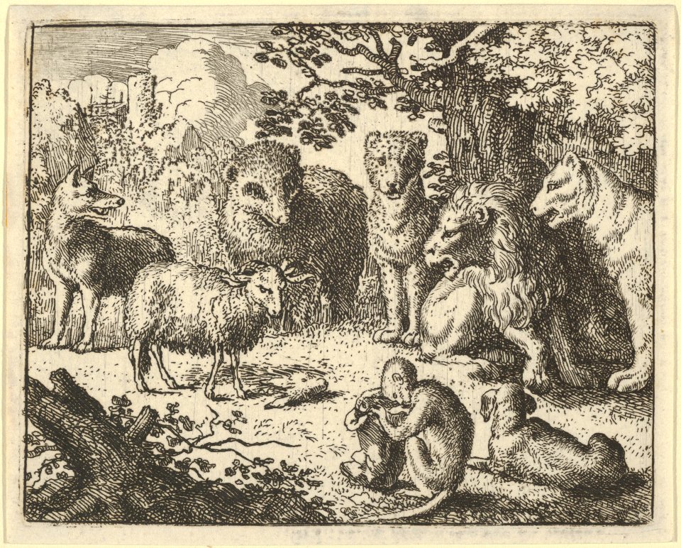 The Monkey Opens the Package and Removes the Rabbit's Head to the Great Surprise of the Animals from Hendrick van Alcmar's Renard The Fox MET DP837725