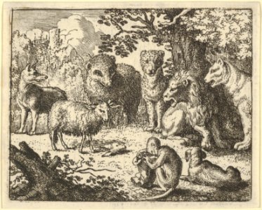 The Monkey Opens the Package and Removes the Rabbit's Head to the Great Surprise of the Animals from Hendrick van Alcmar's Renard The Fox MET DP837725