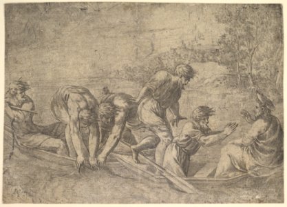 The miraculous draught of the fishes, Christ at the right accompanied by apostles in the boat MET DP825131