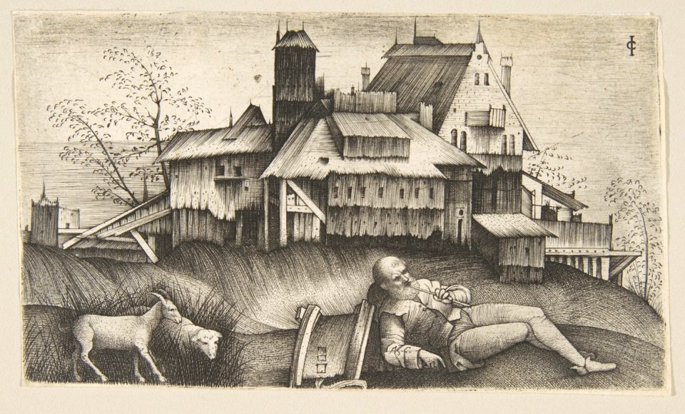 The old shepherd lying in a landscape, buildings behind, a goat and a sheep to the left MET DP813972