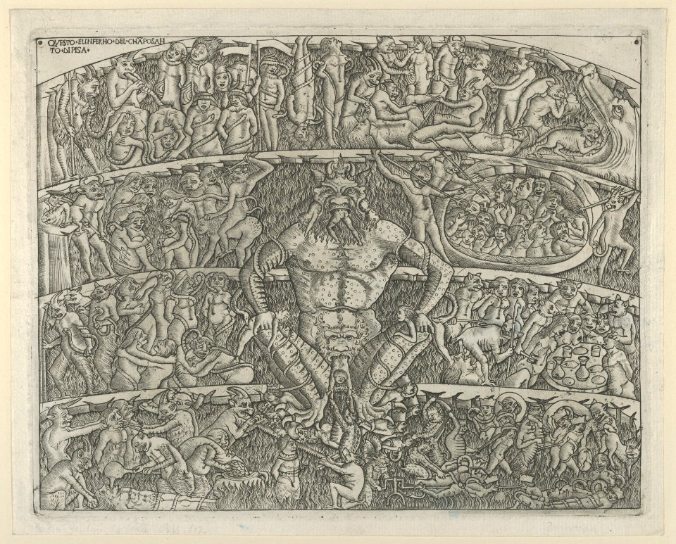 The Inferno according to Dante; in the centre Lucifer who holds damned souls and in his talons seven kings, surrounded by damned souls being tortured by devils, after a fresco in the Campo Santo, Pisa MET DP854077