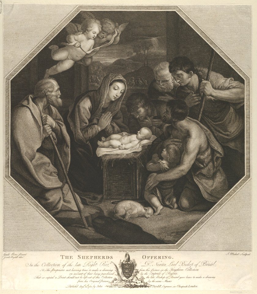 The infant Christ lying on a wooden box, the Virgin kneeling in prayer before him, Saint Joseph at left, shepherds at right, in an octagonal frame, after Reni MET DP841319