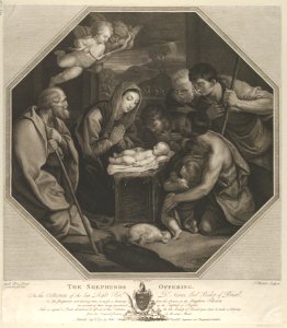 The infant Christ lying on a wooden box, the Virgin kneeling in prayer before him, Saint Joseph at left, shepherds at right, in an octagonal frame, after Reni MET DP841319