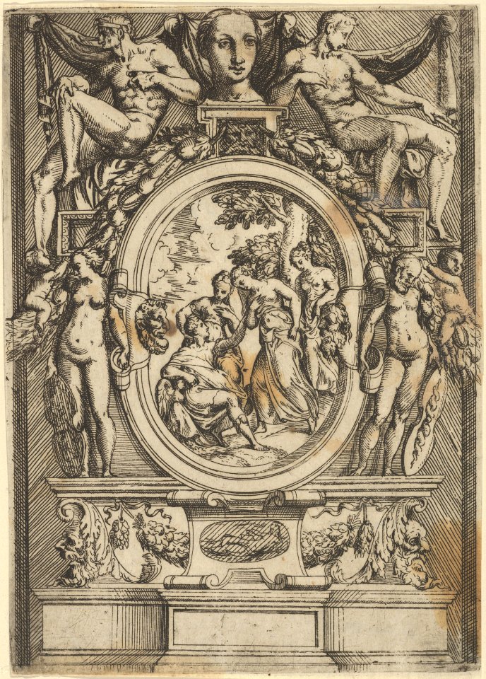 The Judgment of Paris; man seated at left reaches out to a woman who is flanked by two others, set within an elaborate frame MET DP837637