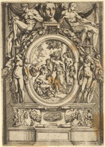 The Judgment of Paris; man seated at left reaches out to a woman who is flanked by two others, set within an elaborate frame MET DP837637