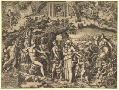 The Judgment of Paris; Paris seated on a rock choosing between the goddesses Venus, Juno, and Minerva, the god Mercury with a caduceus in between them MET DP821546. Free illustration for personal and commercial use.