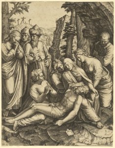 The lamentation of the dead Christ who is supported by the Virgin Mary and surrounded by other figures MET DP852710