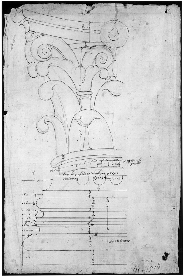 Temple of Minerva, elevation of cornice (recto) Temple of Minerva, elevation of capital and base (verso) MET sf68 769 22v-MM43650