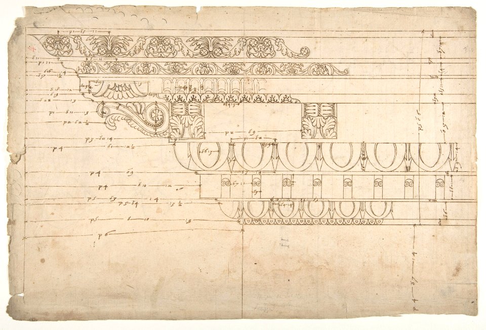 Temple of Minerva, elevation of cornice (recto) Temple of Minerva, elevation of capital and base (verso) MET DP810819