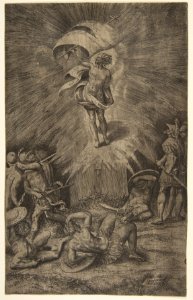 The resurrection of Christ, holding a banner in his right hand, soldiers surrounding the tomb, some falling away MET DP812424