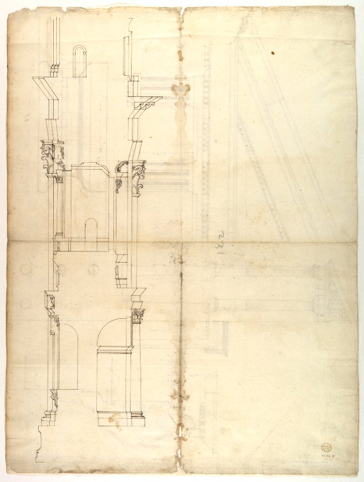 Temple of Hercules, Cori, plan, elevation; portal, details; Doric order, details (recto) St. Peter's, drum, section (verso) MET DP819037