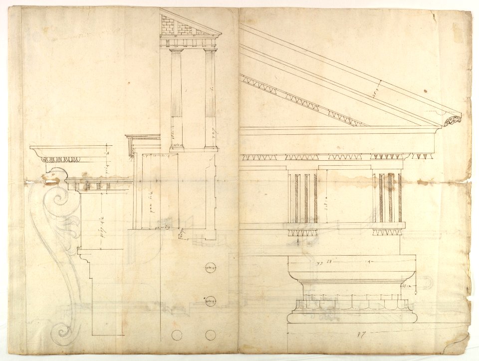 Temple of Hercules, Cori, plan, elevation; portal, details; Doric order, details (recto) St. Peter's, drum, section (verso) MET DP819036