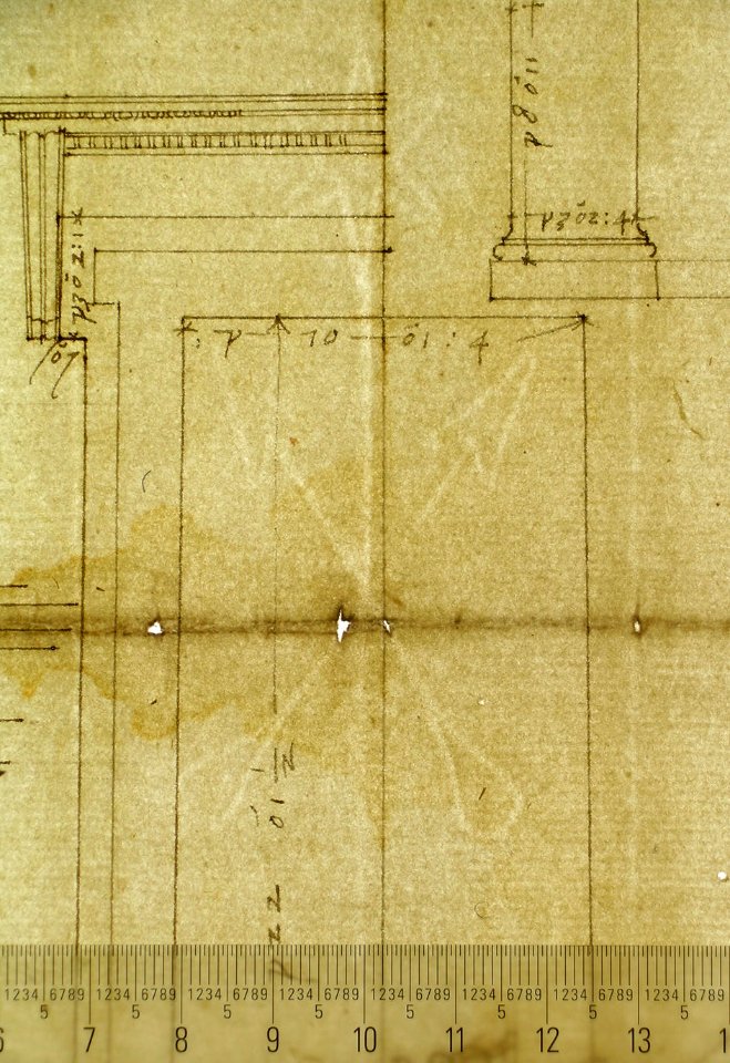Temple of Hercules, Cori, plan, elevation; portal, details; Doric order, details (recto) St. Peter's, drum, section (verso) MET sf49 92 15-watermark