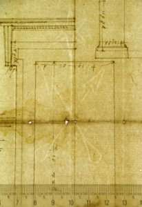 Temple of Hercules, Cori, plan, elevation; portal, details; Doric order, details (recto) St. Peter's, drum, section (verso) MET sf49 92 15-watermark