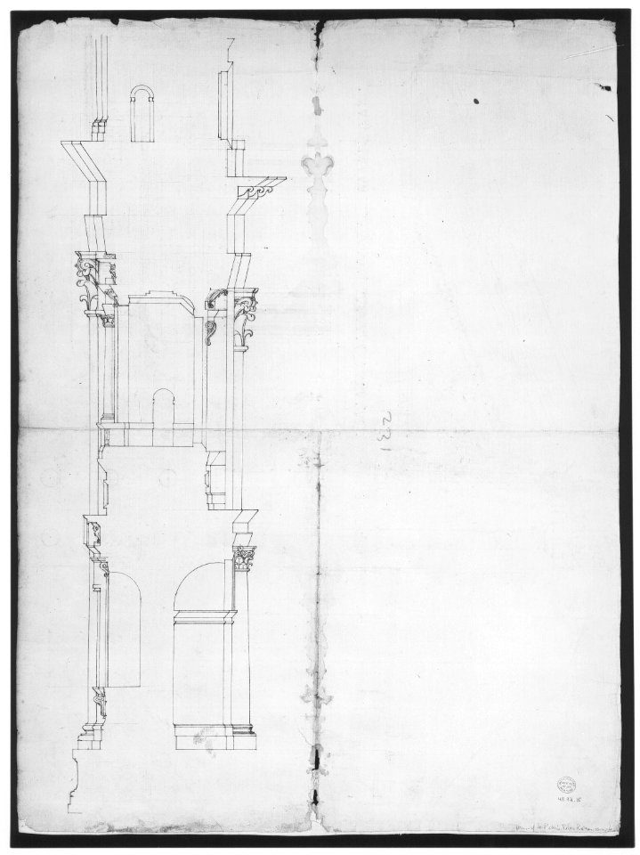 Temple of Hercules, Cori, plan, elevation; portal, details; Doric order, details (recto) St. Peter's, drum, section (verso) MET sf49 92 15v-MM31807