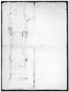 Temple of Hercules, Cori, plan, elevation; portal, details; Doric order, details (recto) St. Peter's, drum, section (verso) MET sf49 92 15v-MM31807