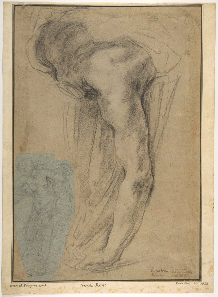 The Reclining Headless Body of Holofernes; Study of Female Semi-Nude Figure (on a small separate, unrelated sheet of blue paper, pasted onto the lower left of the large sheet). MET DP811357